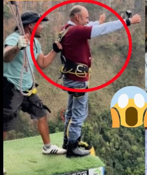 Santosh Sapkota on the bungee platform preparing to jump